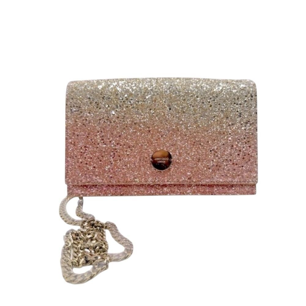 Jimmy Choo Ombré Pink Flamingo Platinum Lizzie Mini Glitter Clutch Shoulder Bag
